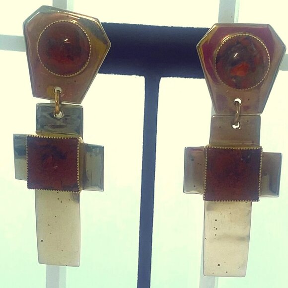 Southwestern Native American Western Jewelry - Vintage 80's Agate Southwestern Handmade Christian Cross Earrings